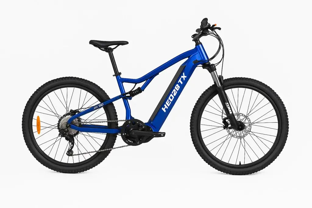 HEDATX19 1000W Electric Bike full suspension in blue color showcasing its robust design and features.