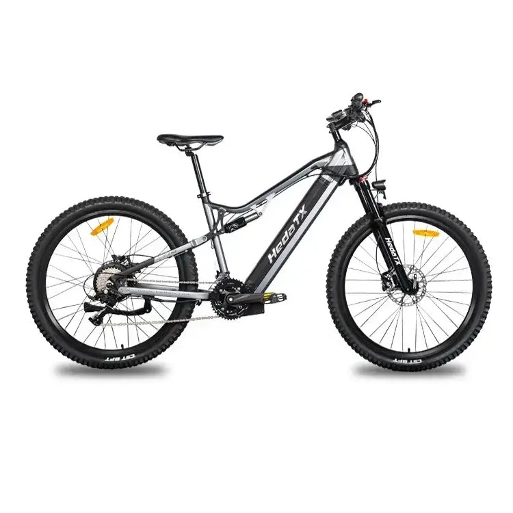 HEDATX19 1000W Electric Bike full suspension side view showcasing its robust design and features.