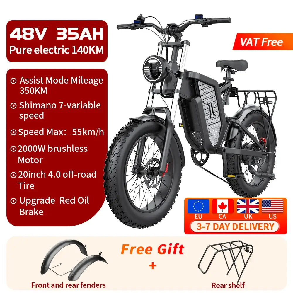 EKX X20 Electric Fat Tire Bike - 2000W Power with 20-inch tires and powerful motor for off-road adventures.