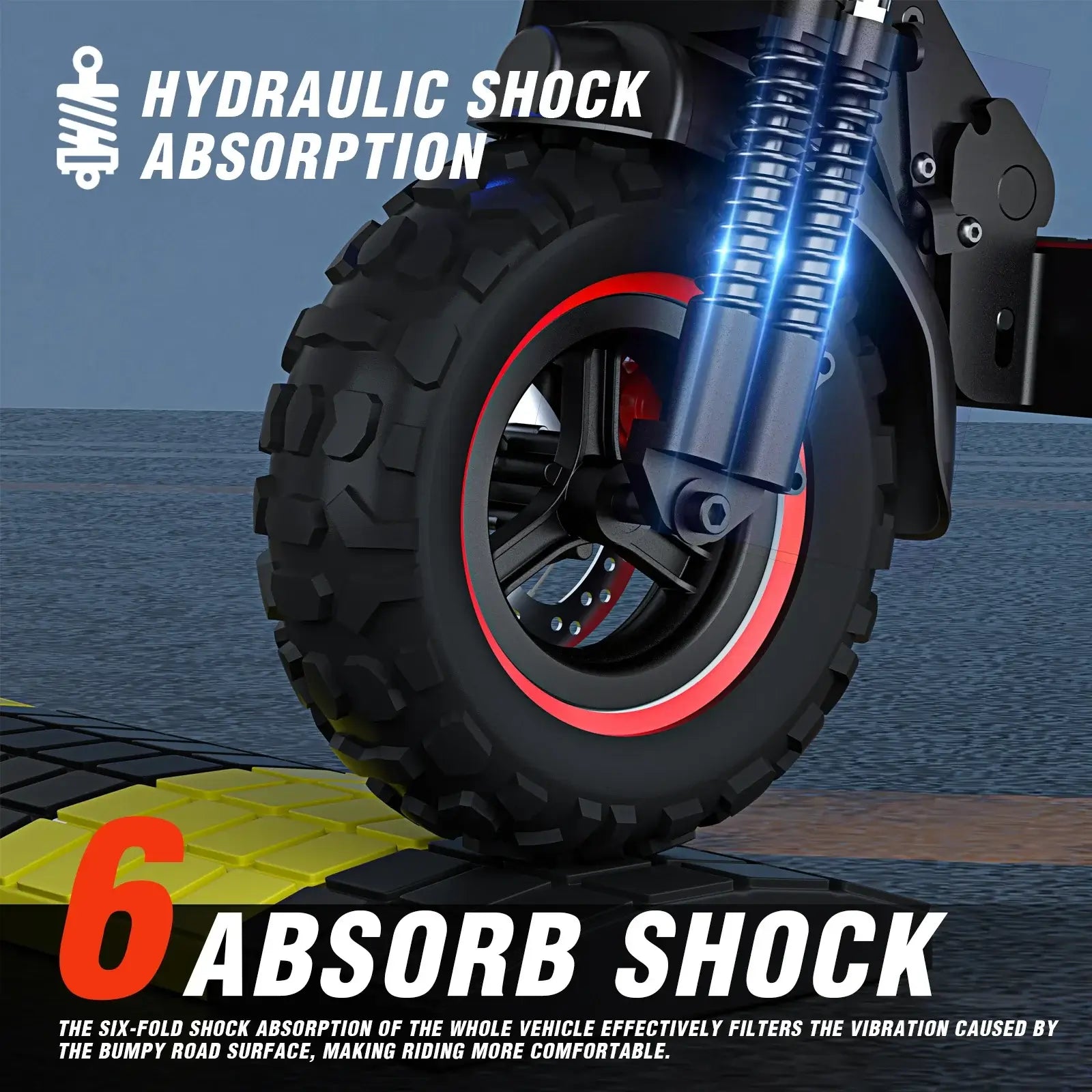 1200W Folding Electric Scooter with Seat featuring hydraulic shock absorption for a smoother ride over bumpy terrains.