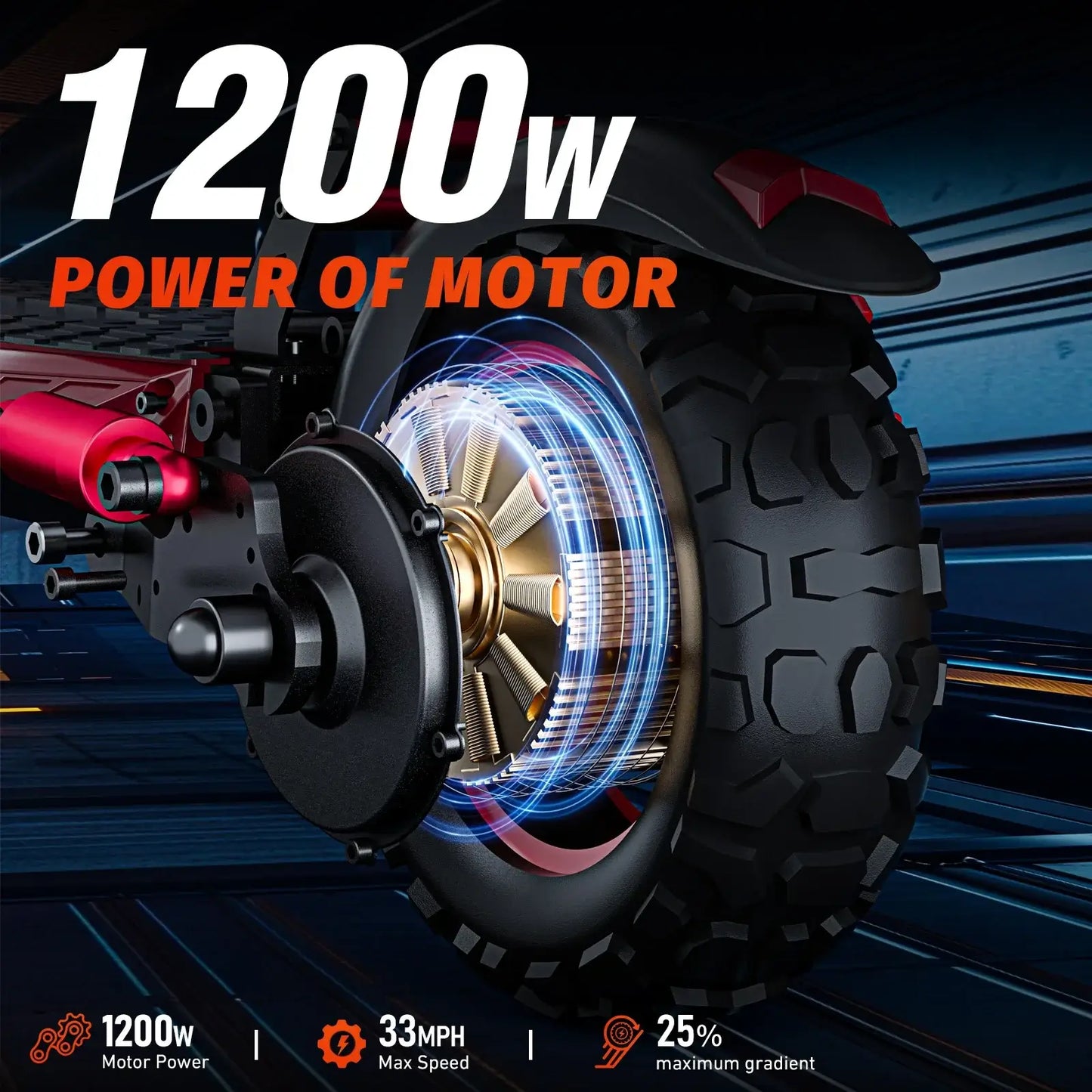 1200W Folding Electric Scooter with Seat showcasing powerful motor and robust tire for off-road adventures.