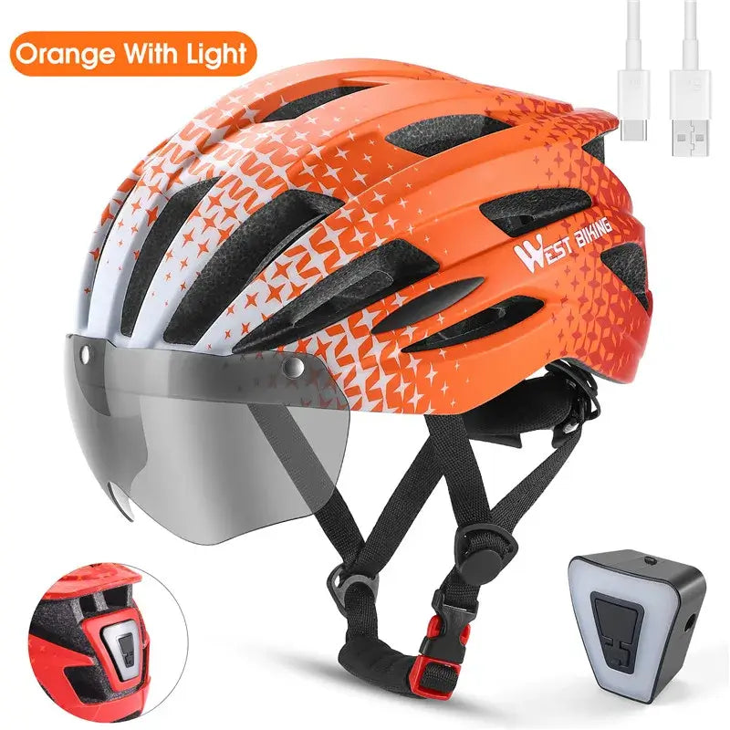 WEST BIKING lightweight orange MTB cycling helmet with LED lights and visor for safety and style.