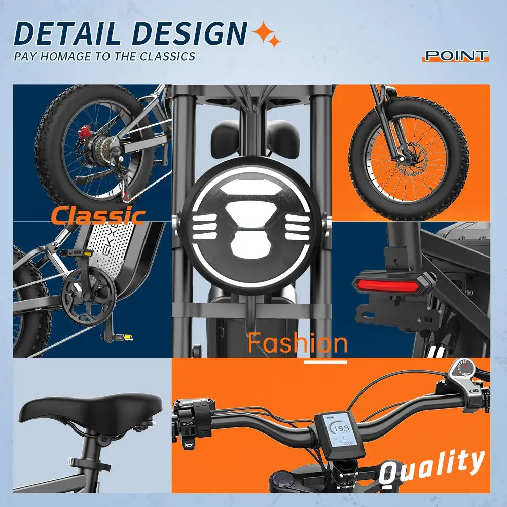 EKX X20 Electric Fat Tire Bike - 2000W Power detail design with classic, fashion, and quality elements