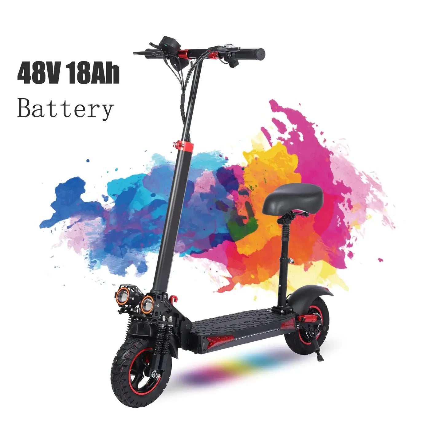 1200W Folding Electric Scooter with Seat featuring 48V 18Ah battery and off-road tires for adventure.
