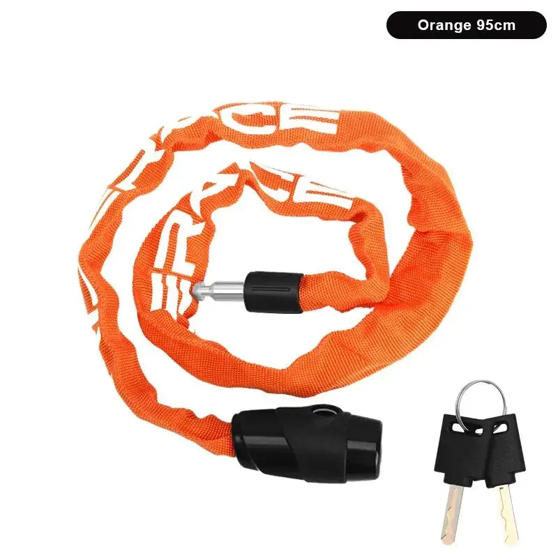 RIDERACE High Security Bicycle Chain Lock in orange, 95cm length, featuring a sturdy lock and two keys for anti-theft protection.