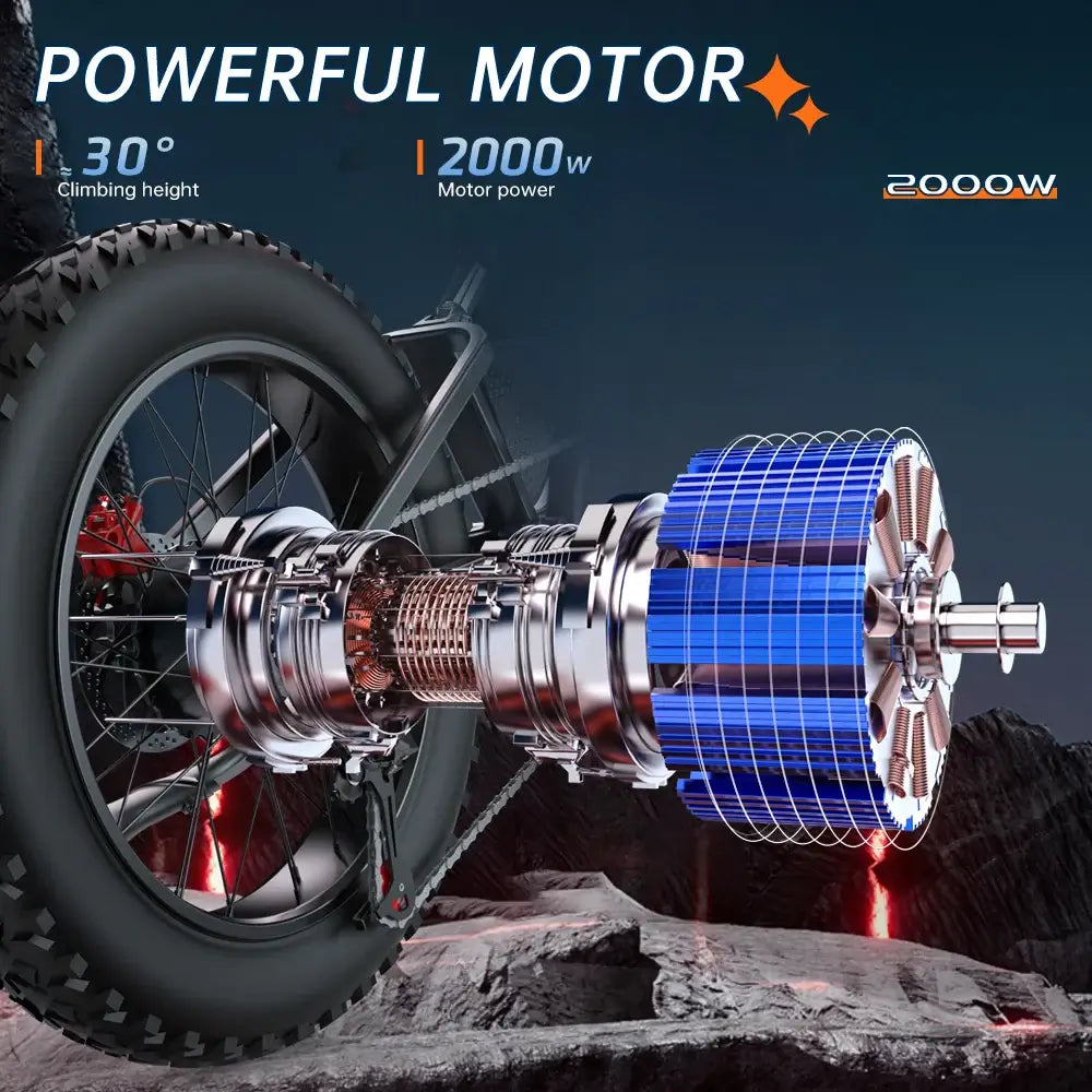 EKX X20 Electric Fat Tire Bike - 2000W Power showcasing a powerful 2000W motor for climbing heights up to 30 degrees.