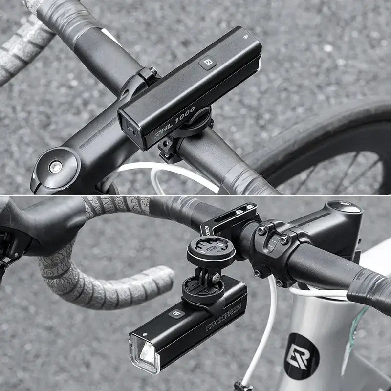 ROCKBROS 1000 Lumen bike light mounted on handlebars, showcasing its sleek design and powerful illumination features.