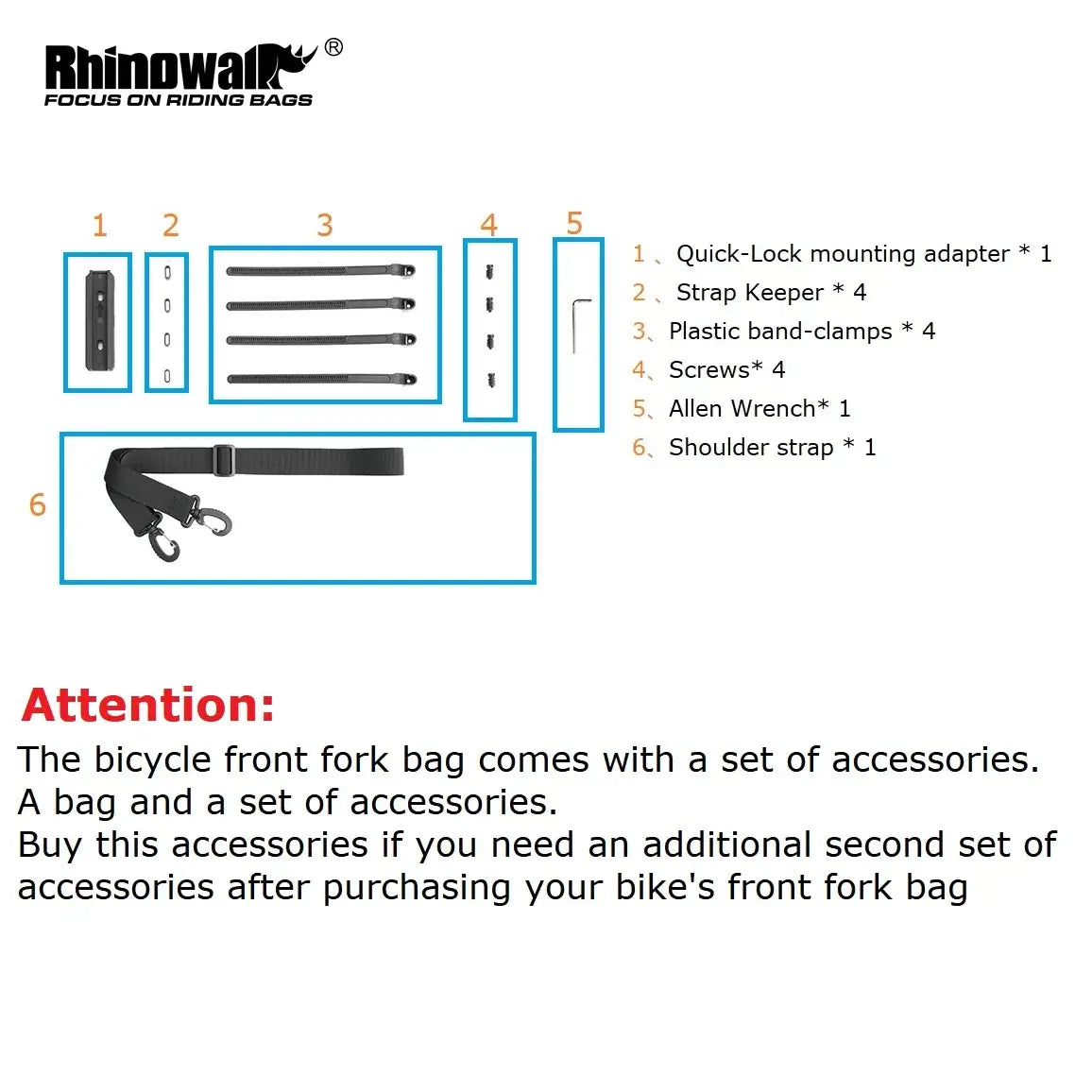 Rhinowalk bike fork bag accessories set with mounting adapters, straps, clamps, screws, wrench, and shoulder strap.