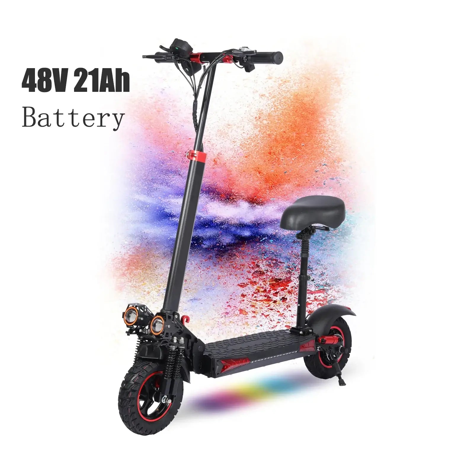 1200W Folding Electric Scooter with Seat featuring a 48V 21Ah battery and vibrant colorful background.