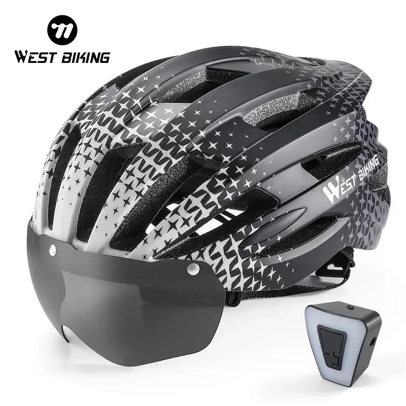 Stylish black and gray bicycle helmet with visor, featuring West Biking logo, perfect for cycling enthusiasts.