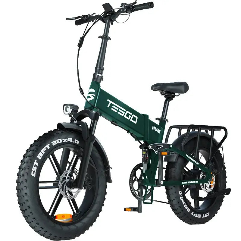 Compact electric bike with fat tires and folding design, ideal for urban commuting and outdoor adventures.