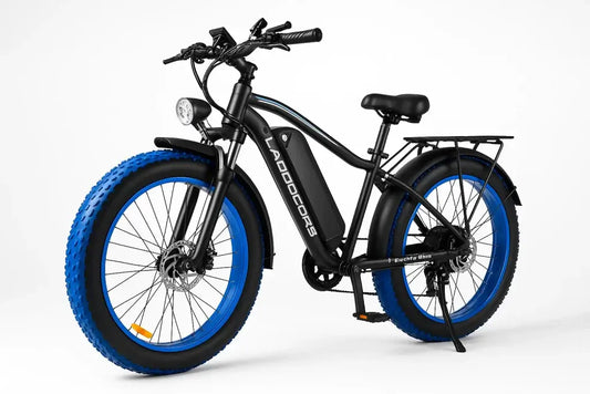 2000W fat tire electric bike with blue tires and 48V removable battery for all-terrain adventures.