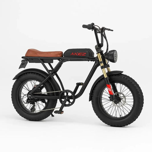 AKEZ 500W Electric Bike with black frame and brown seat, ideal for urban commuting and off-road adventures.