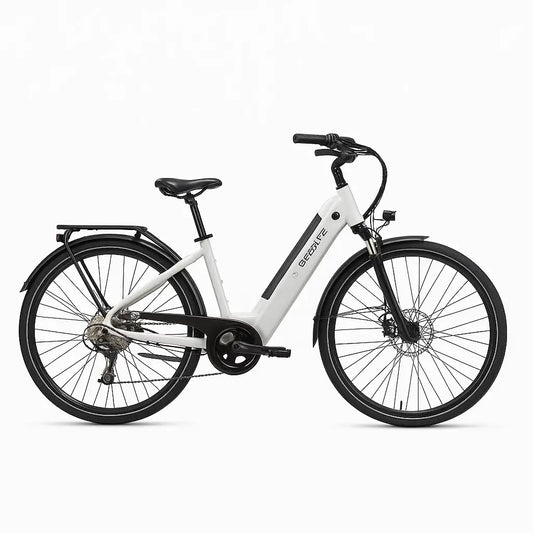 2024 DERUIZ 28-inch electric bike in white, featuring a Bafang 250W motor and sleek design for city commuting.