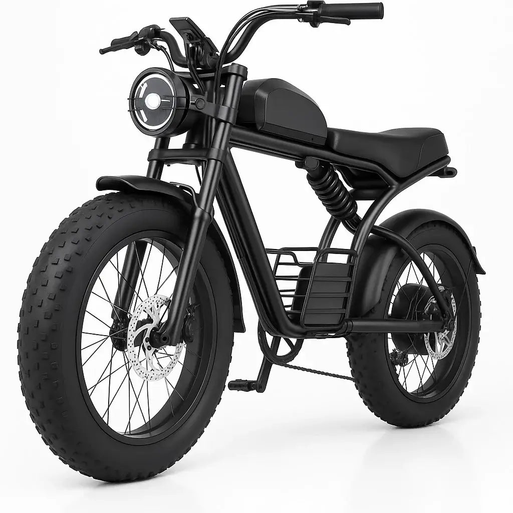 1500W Fat Tire Electric Bike with 20 inch wheels, designed for all terrains, sleek black design, perfect for adventure.
