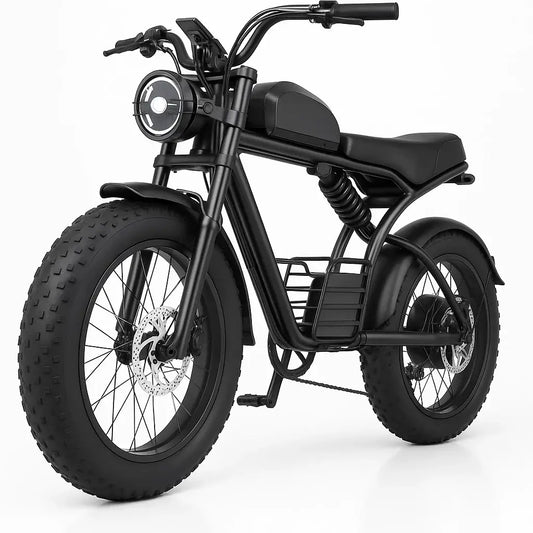 1500W Fat Tire Electric Bike with 20 inch wheels, designed for all terrains, sleek black design, perfect for adventure.
