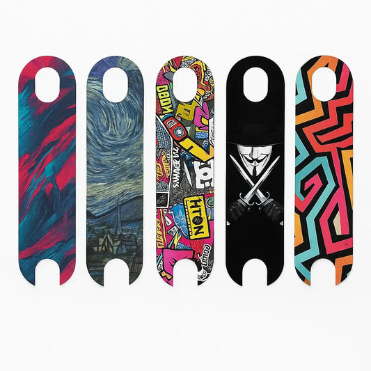 Colorful anti-slip footboard stickers for Xiaomi M365 Pro electric scooter in various designs.