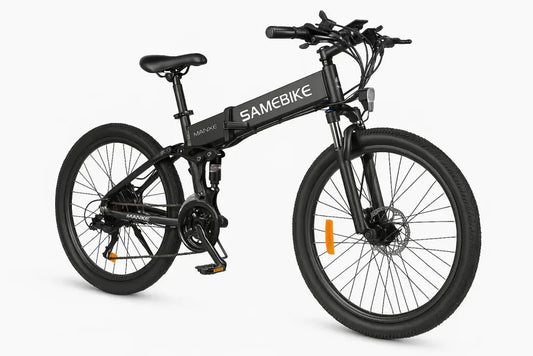 Samebike LO26 folding electric mountain bike with robust design and 26-inch wheels for versatile terrain riding.