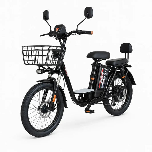 350W electric bike with 28AH battery, featuring a front basket and upright seating for urban commuting.
