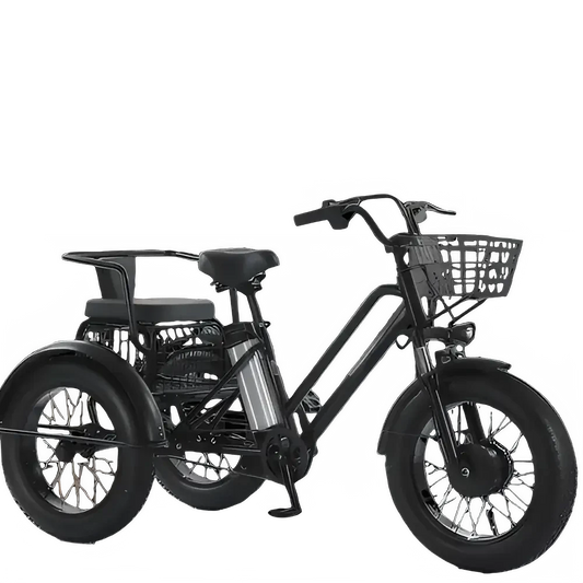 500W All Terrain Electric Cargo Tricycle featuring a robust design and spacious cargo basket.