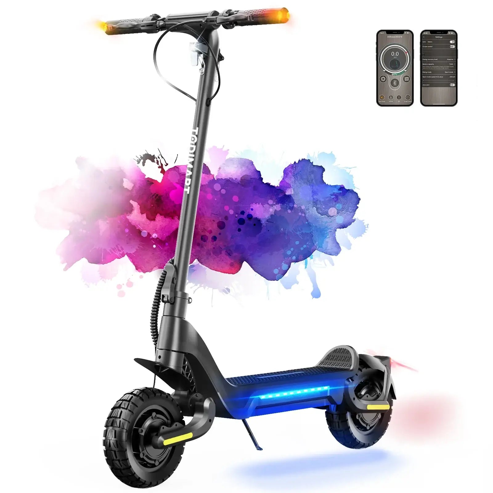 TODIMART X5 foldable electric scooter with 800W motor, colorful design, and smartphone remote control feature.
