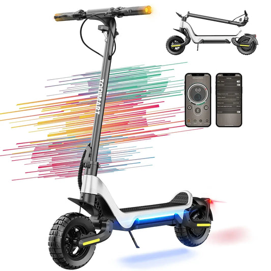 Adult TODIMART X5 electric scooter with an 800W motor, foldable design, and off-road tires, shown with a smartphone control app.