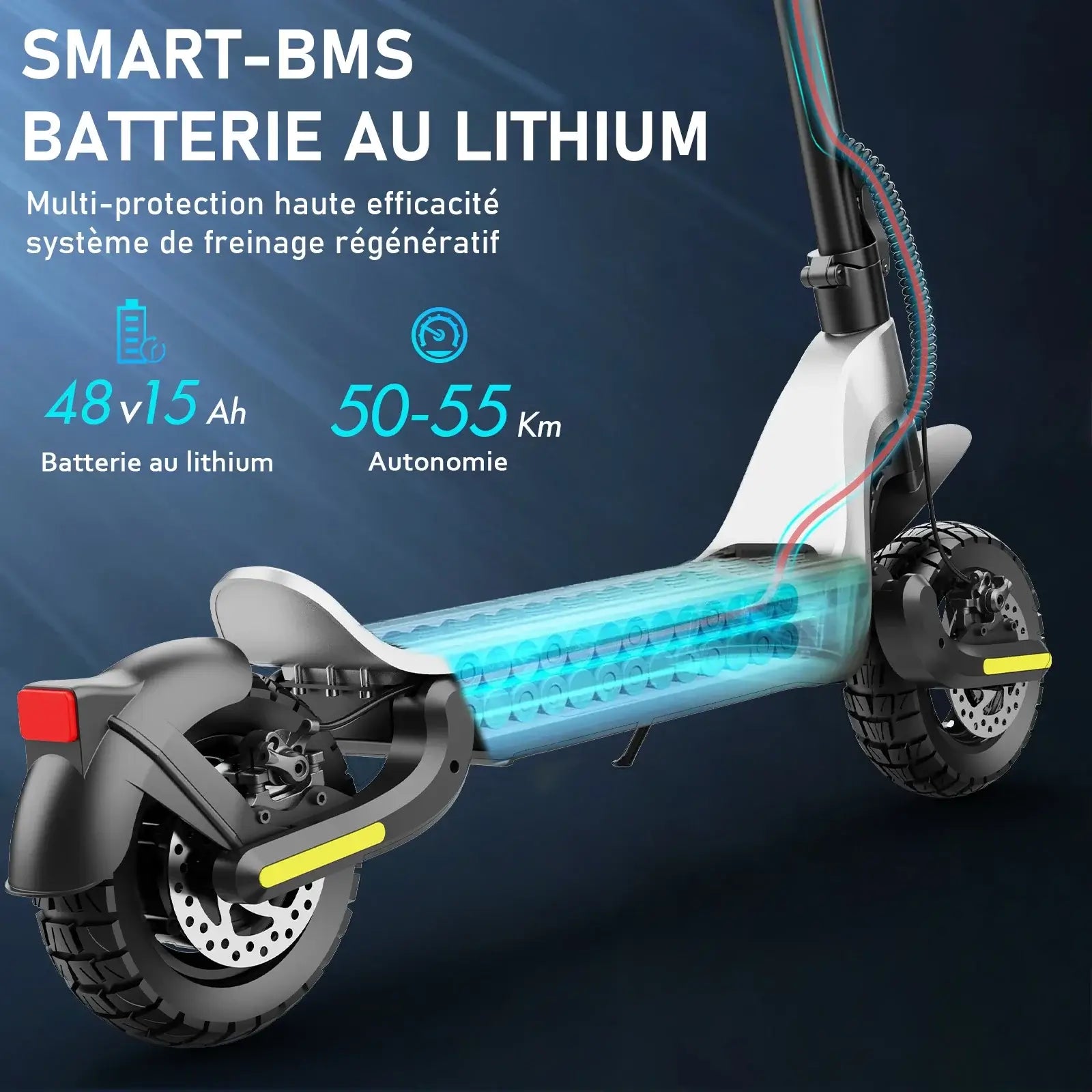 Close-up of TODIMART X5 foldable electric scooter with a lithium battery showing 48V 15Ah capacity and 50-55 km range.