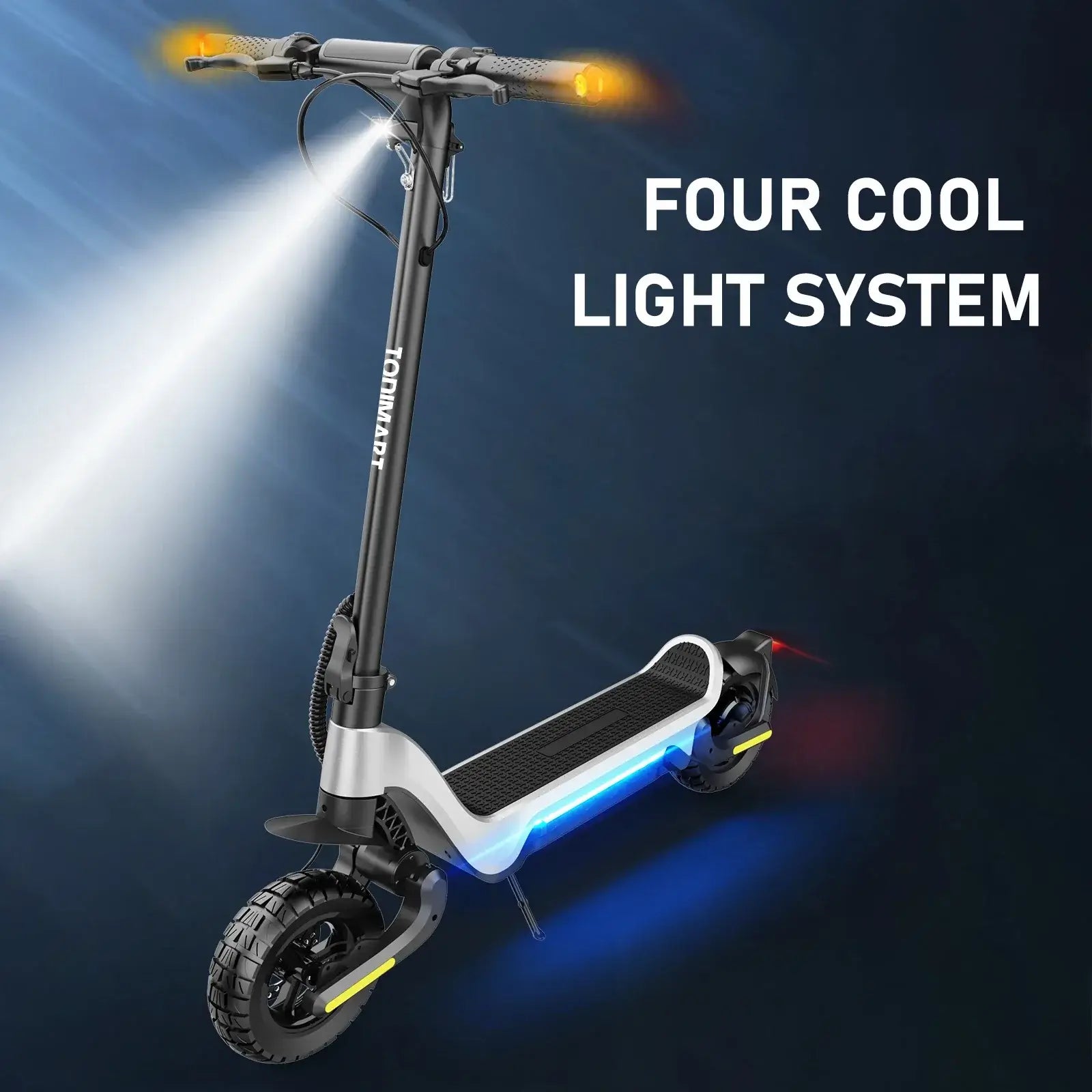 TODIMART X5 foldable electric scooter showcasing its four cool light system for enhanced safety and visibility.