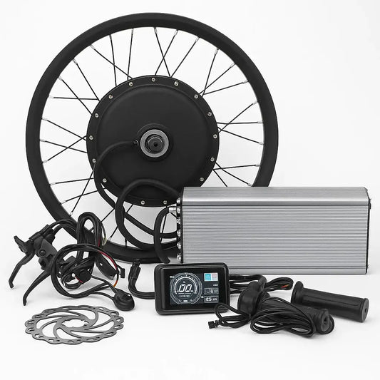Brushless electric bicycle motor conversion kit components including wheel, controller, and accessories.