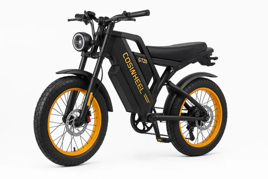 Coswheel GT20 20-inch electric fat bike in black and yellow, designed for adventure on any terrain.
