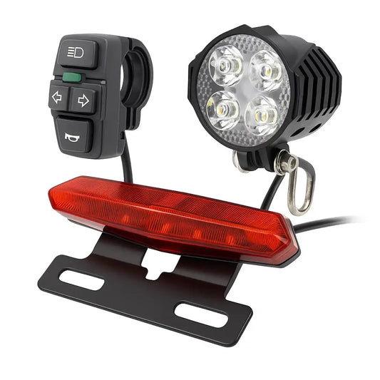 Ebike signal and light set featuring bright headlights, turn signals, and a brake light for enhanced safety and visibility.