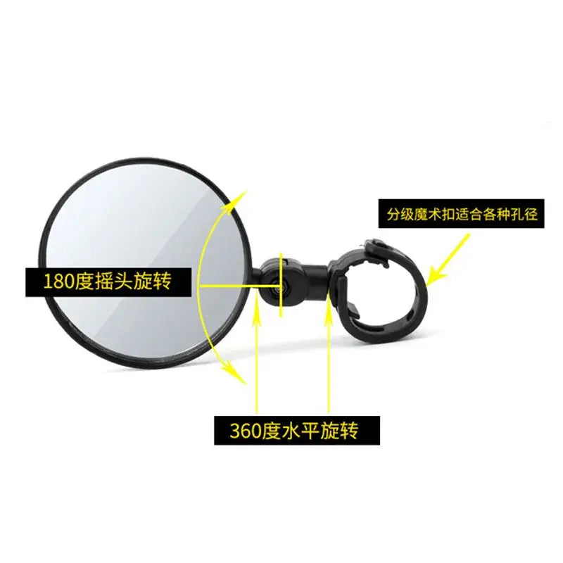 Electric scooter rearview mirror showing 180-degree adjustable swivel and 360-degree horizontal rotation features.
