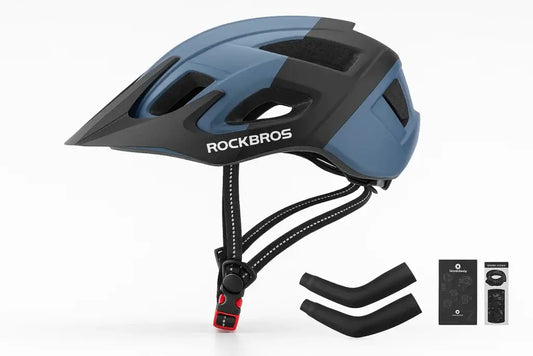 ROCKBROS breathable electric bike helmet with adjustable straps and accessories for safety and comfort.