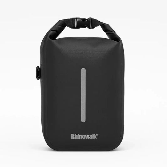 Rhinowalk waterproof quick release bike fork bag in black, featuring a durable 500D polyester design with reflective strip.