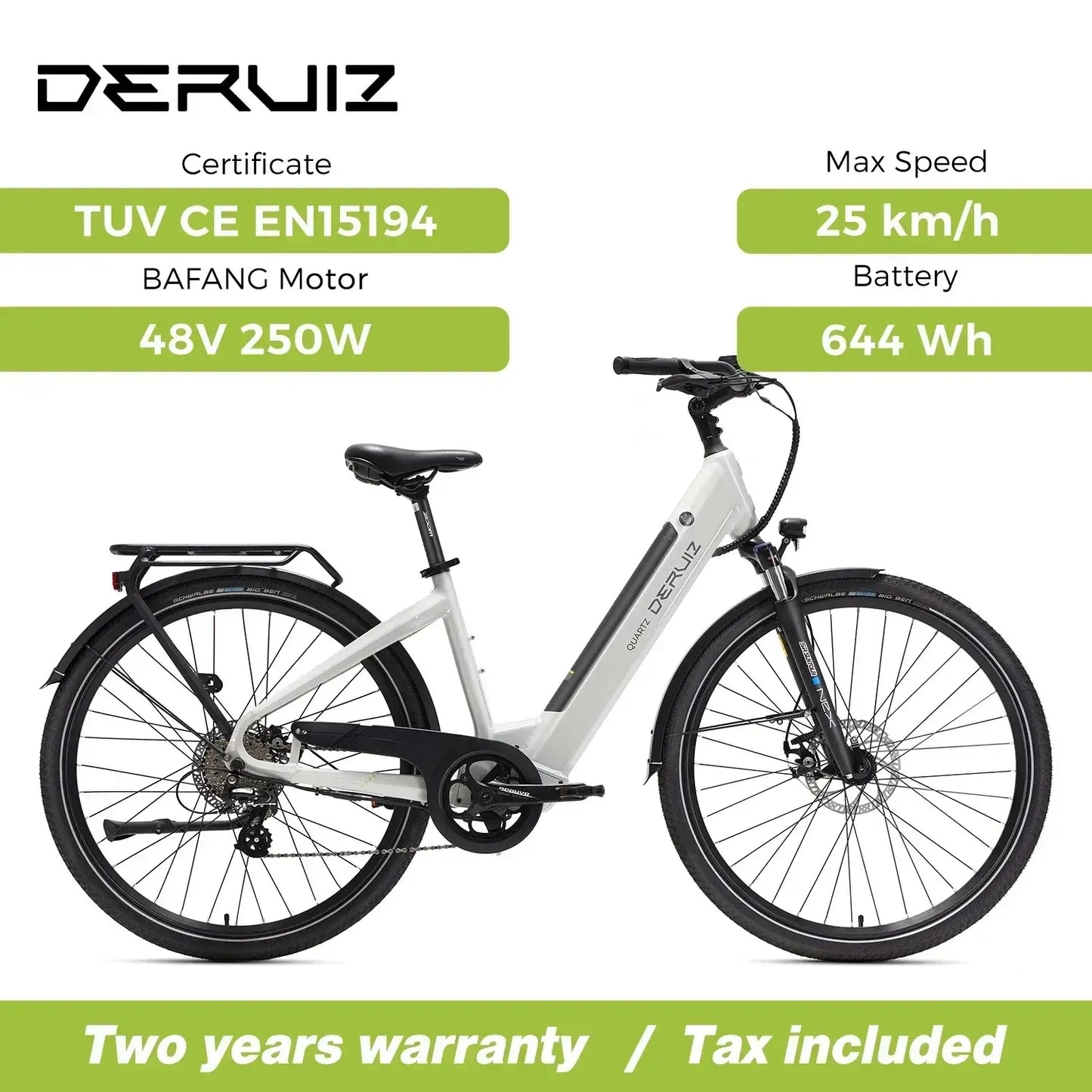 DERUIZ 2024 electric bike with Bafang 48V 250W motor, 644Wh battery, and 25 km/h max speed, ideal for city commuting.