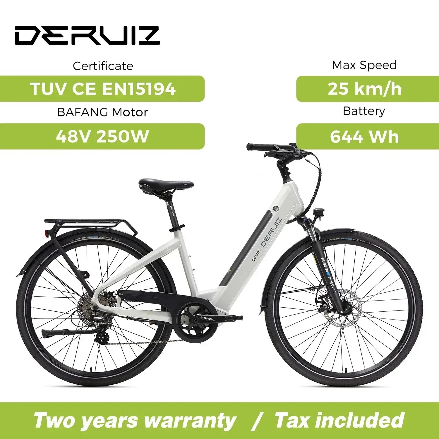 DERUIZ 2024 electric bike with Bafang 48V 250W motor, 644Wh battery, and 25 km/h max speed, ideal for city commuting.