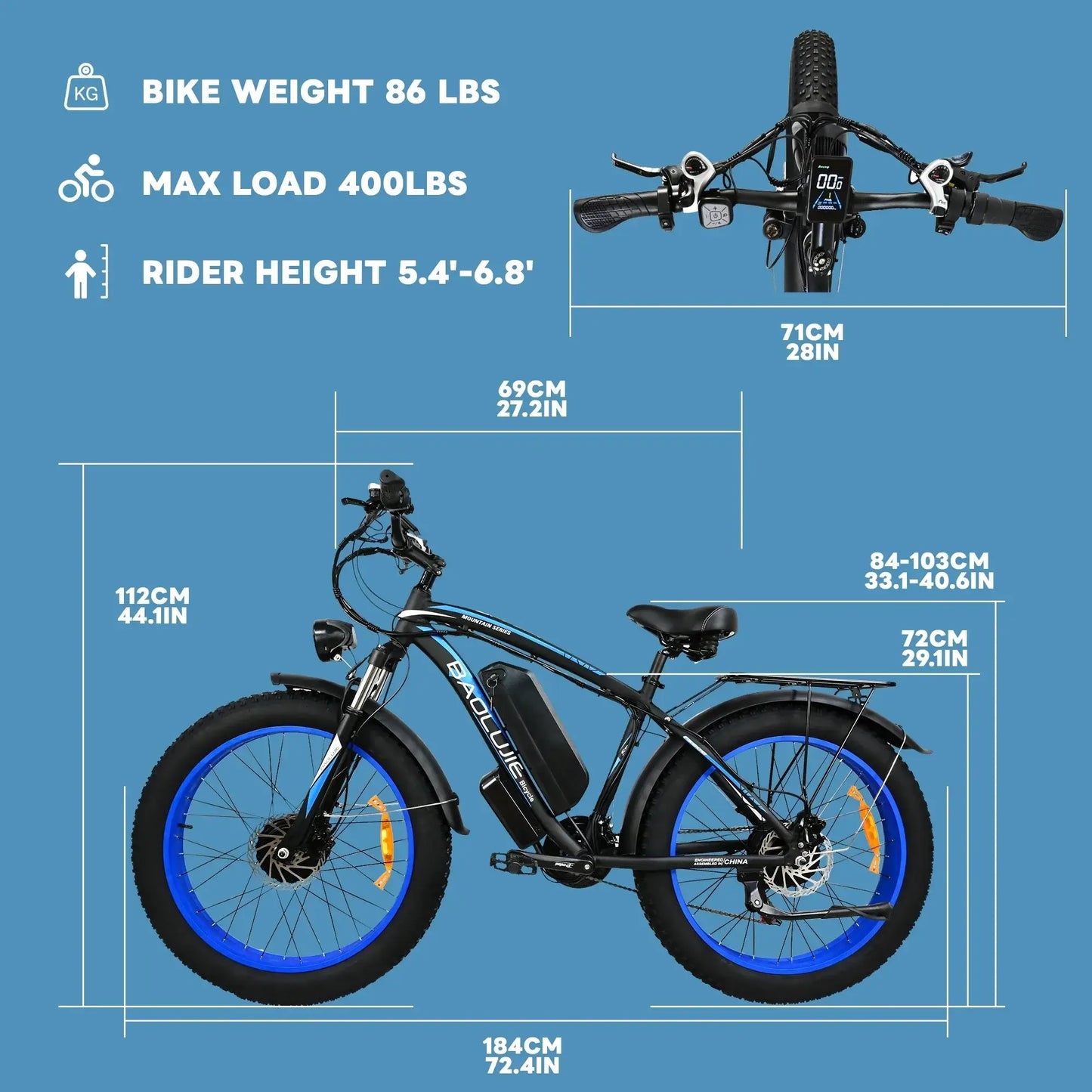 2000W Fat Tire Ebike specifications, showcasing bike weight, max load, and rider height range.