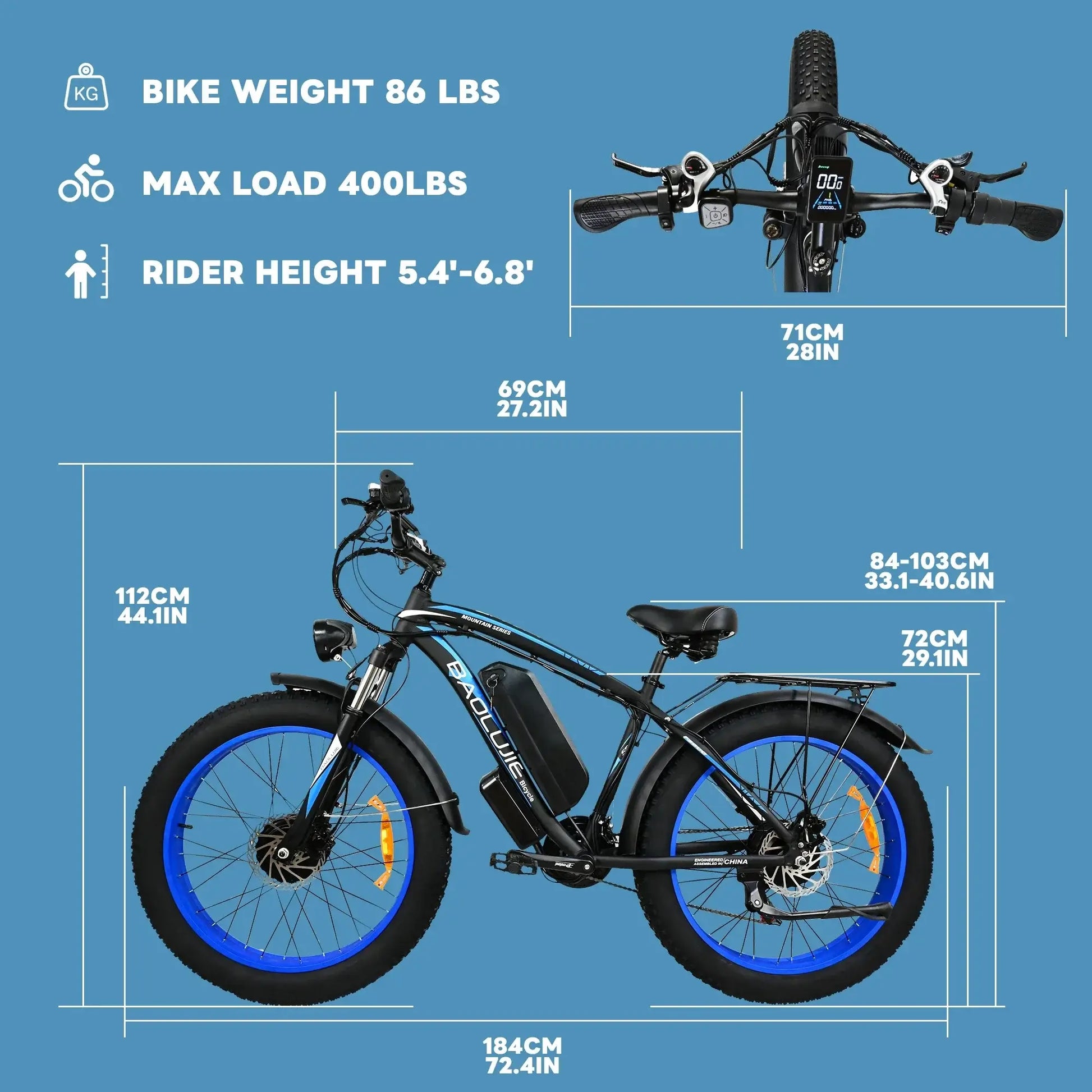 2000W Fat Tire Ebike specifications, showcasing bike weight, max load, and rider height range.
