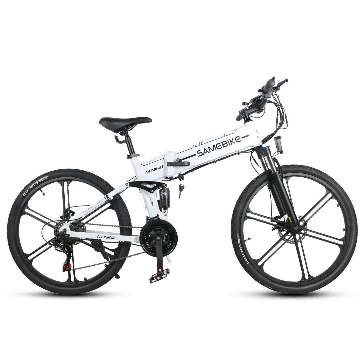 Samebike LO26 folding electric bicycle with 26-inch wheels and powerful 750W motor for mountain and snow cycling.