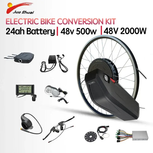 Electric bike conversion kit with 48V 500W and 2000W motor, battery, controller, display, and other components.
