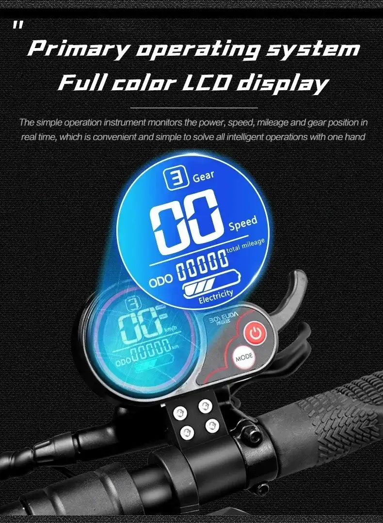 Full color LCD display on electric scooter, showing gear, speed, mileage, and battery information.