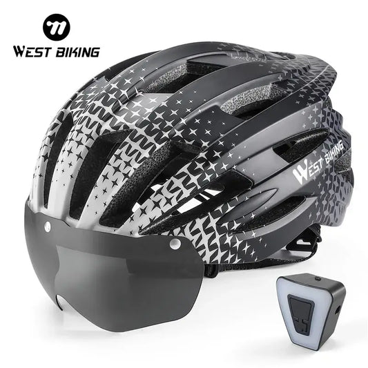 WEST BIKING MTB cycling helmet with magnetic goggles and LED lights for safety and performance.