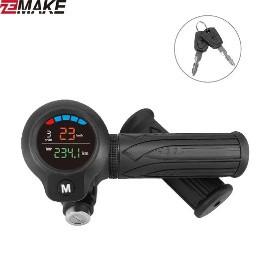 Zemake electric scooter accelerator display with throttle, digital monitor, and keys for electric bikes.