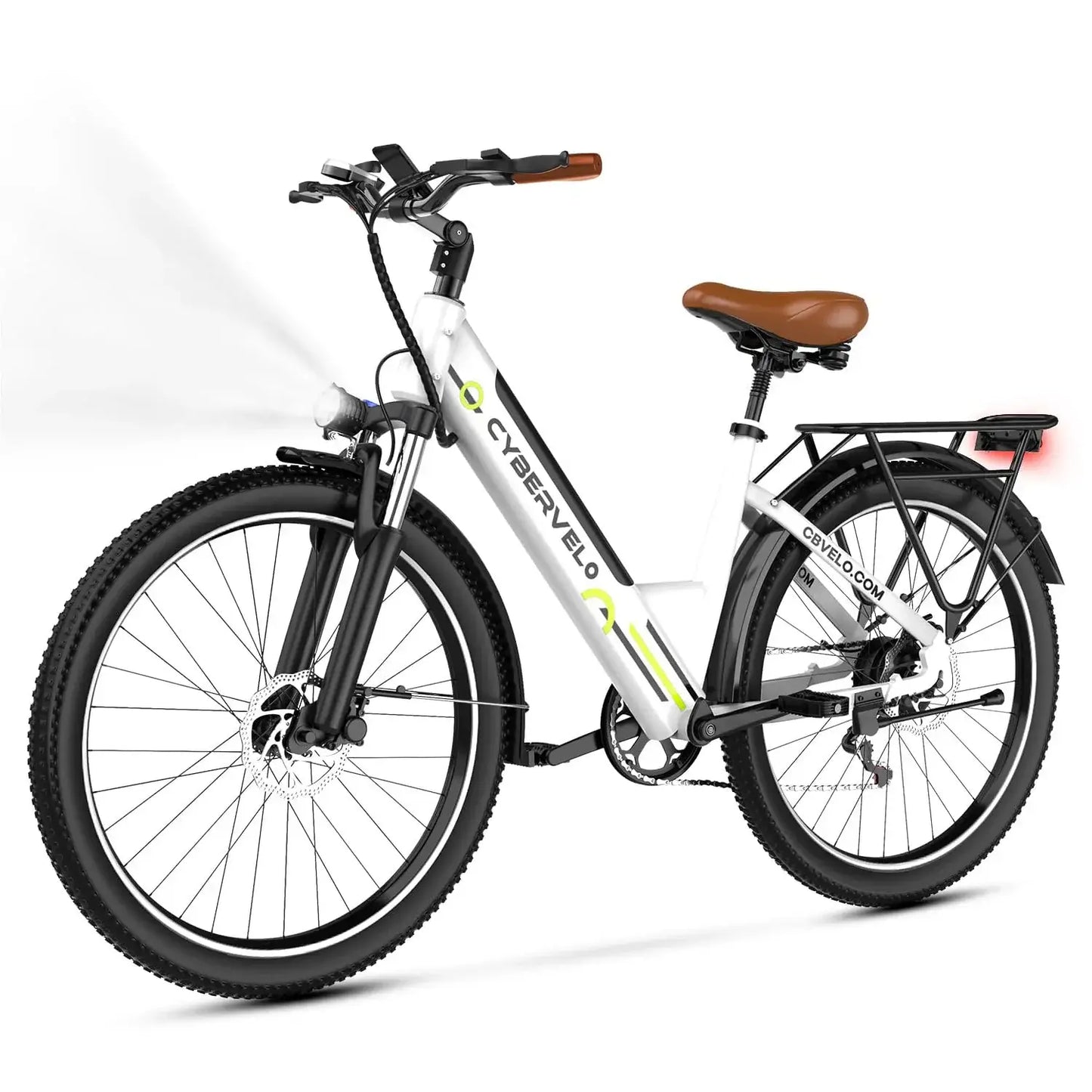 Cybervelo electric bike with a durable frame, front light, and comfortable saddle, ideal for adult riders.