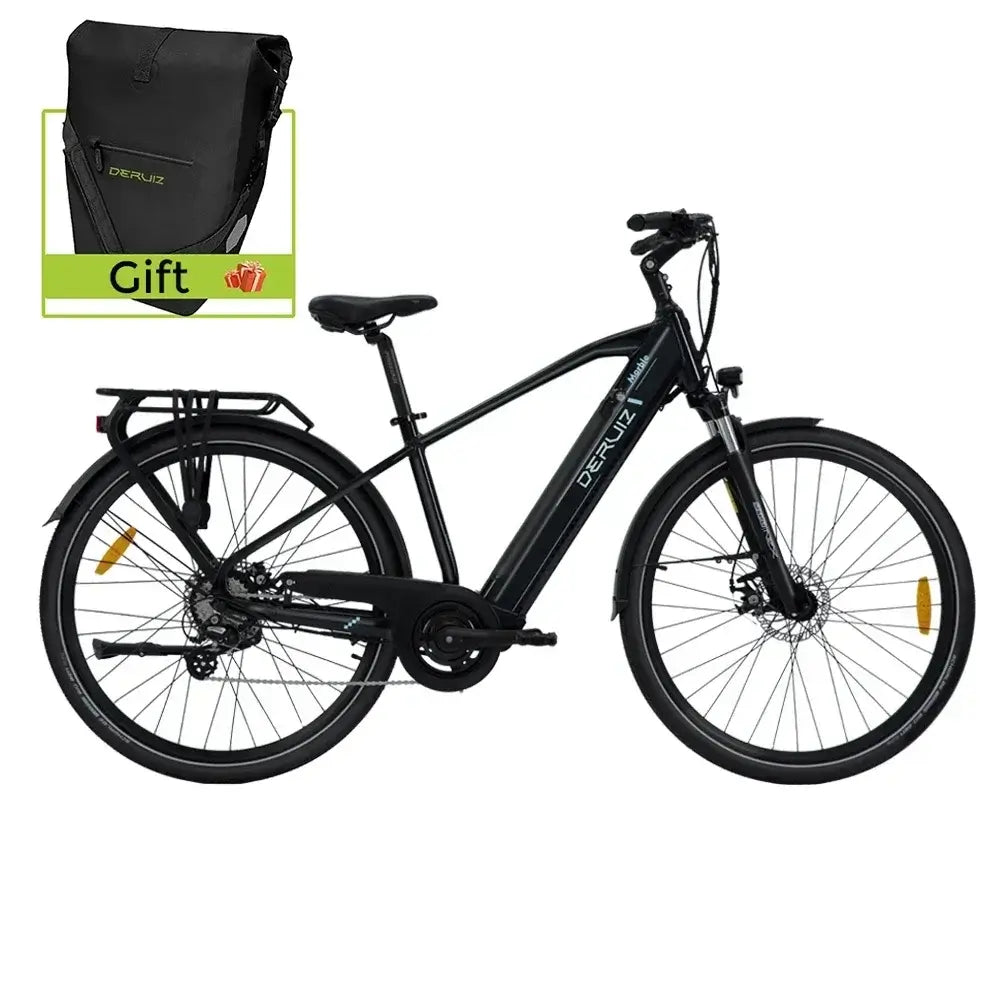 DERUIZ 2024 electric bike with black frame, 28-inch wheels, and a backpack gift included.