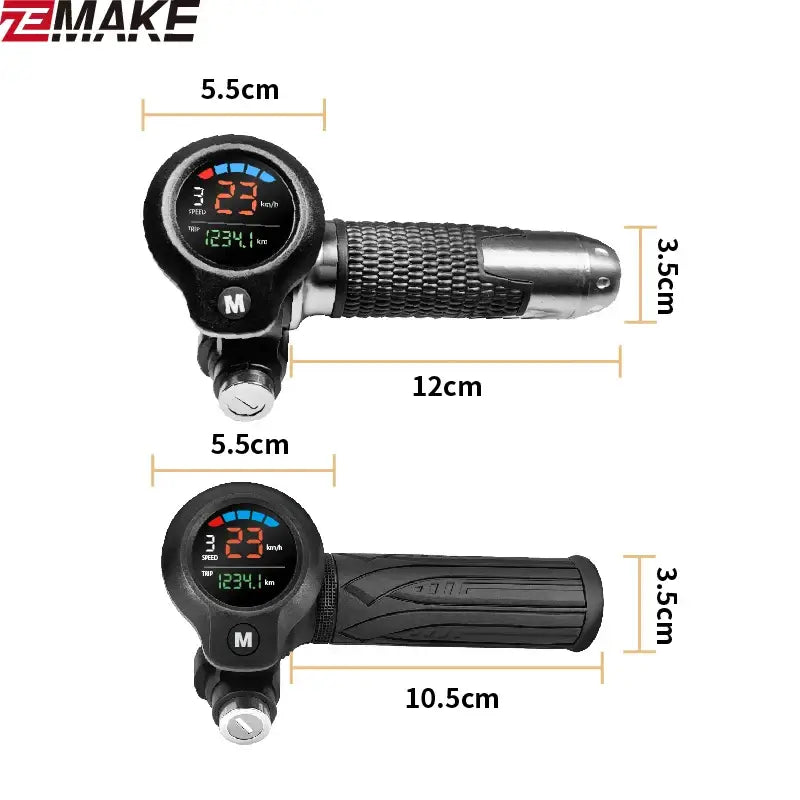 Ebike throttle monitor dimensions with display, measuring speed and voltage for 48V, 60V, 72V scooters.