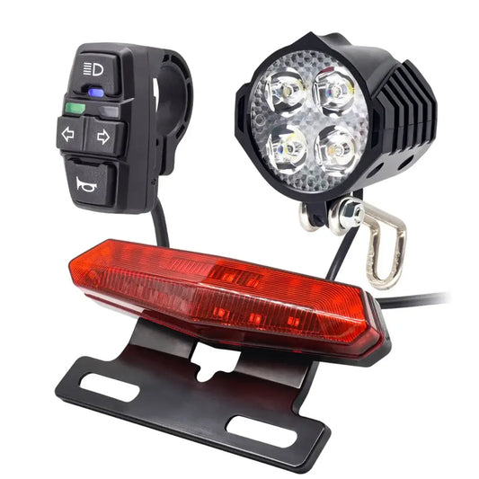 Ebike turn signal rear light with brake, 48V and 36V E-bike headlight, and control switch for safety on electric bikes.