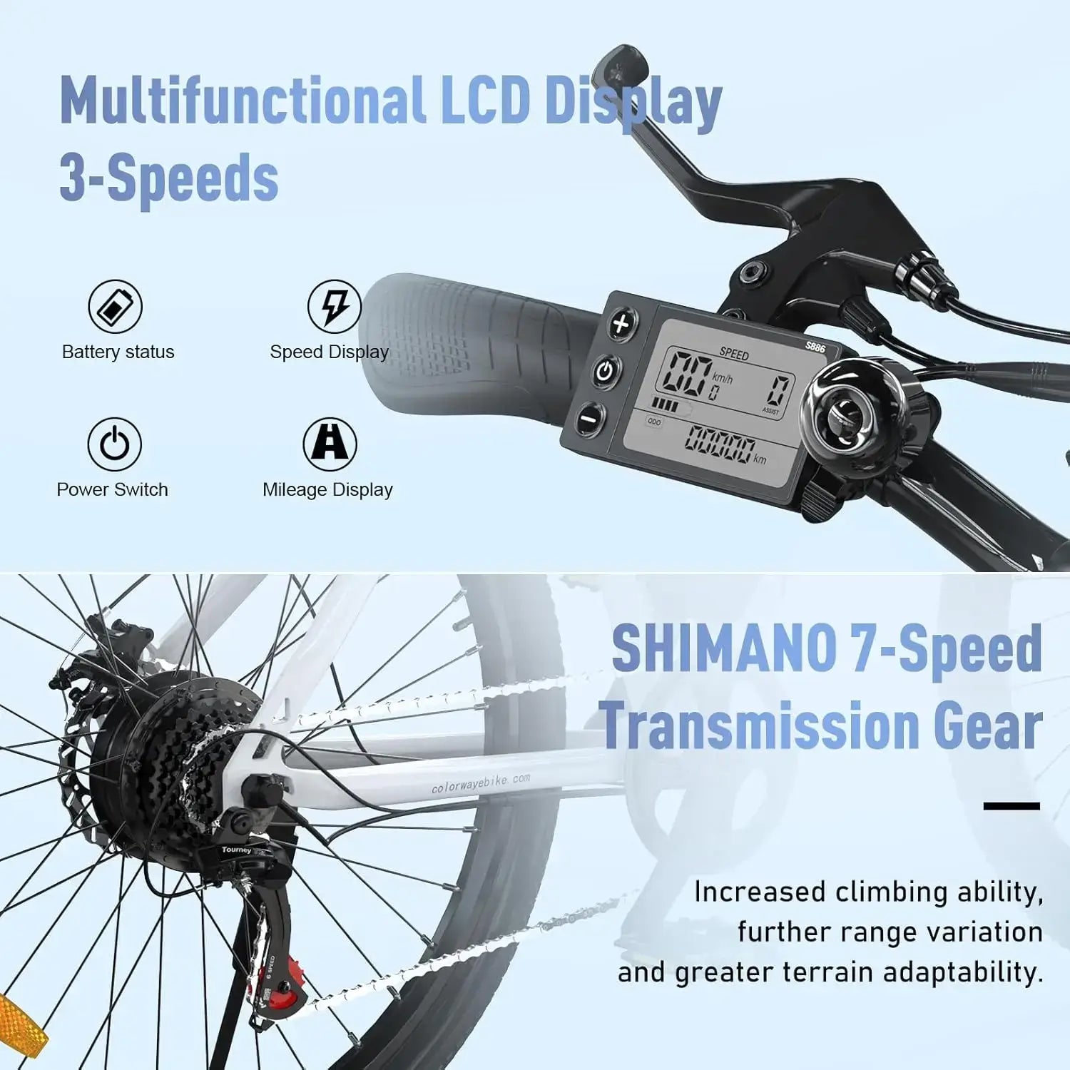 Close-up of COLORWAY 26" electric mountain bike's LCD display and SHIMANO 7-speed transmission gear for enhanced usability.