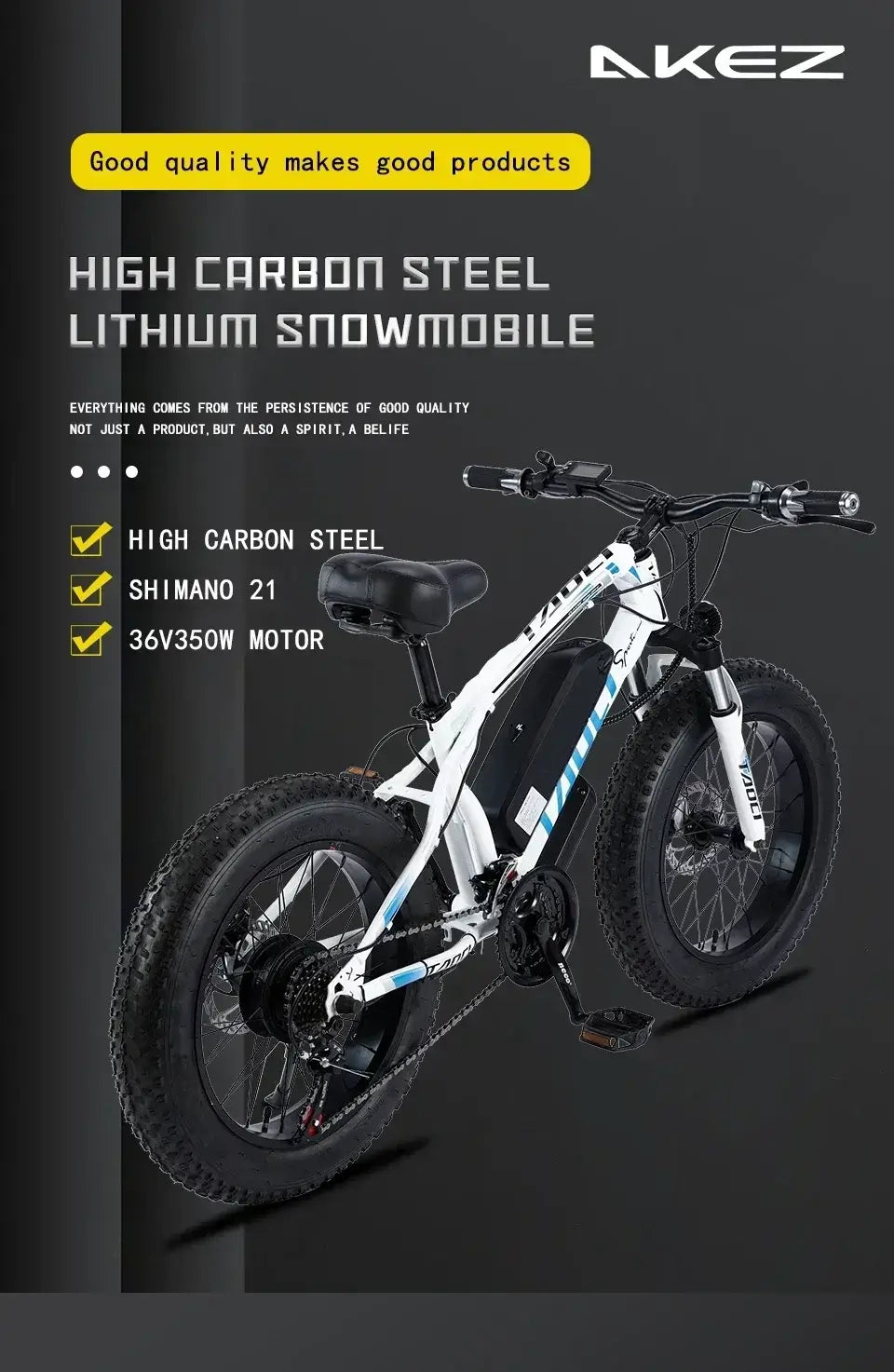 AKEZ high carbon steel lithium snowmobile bike featuring Shimano 21 and 36V 350W motor for off-road adventures.