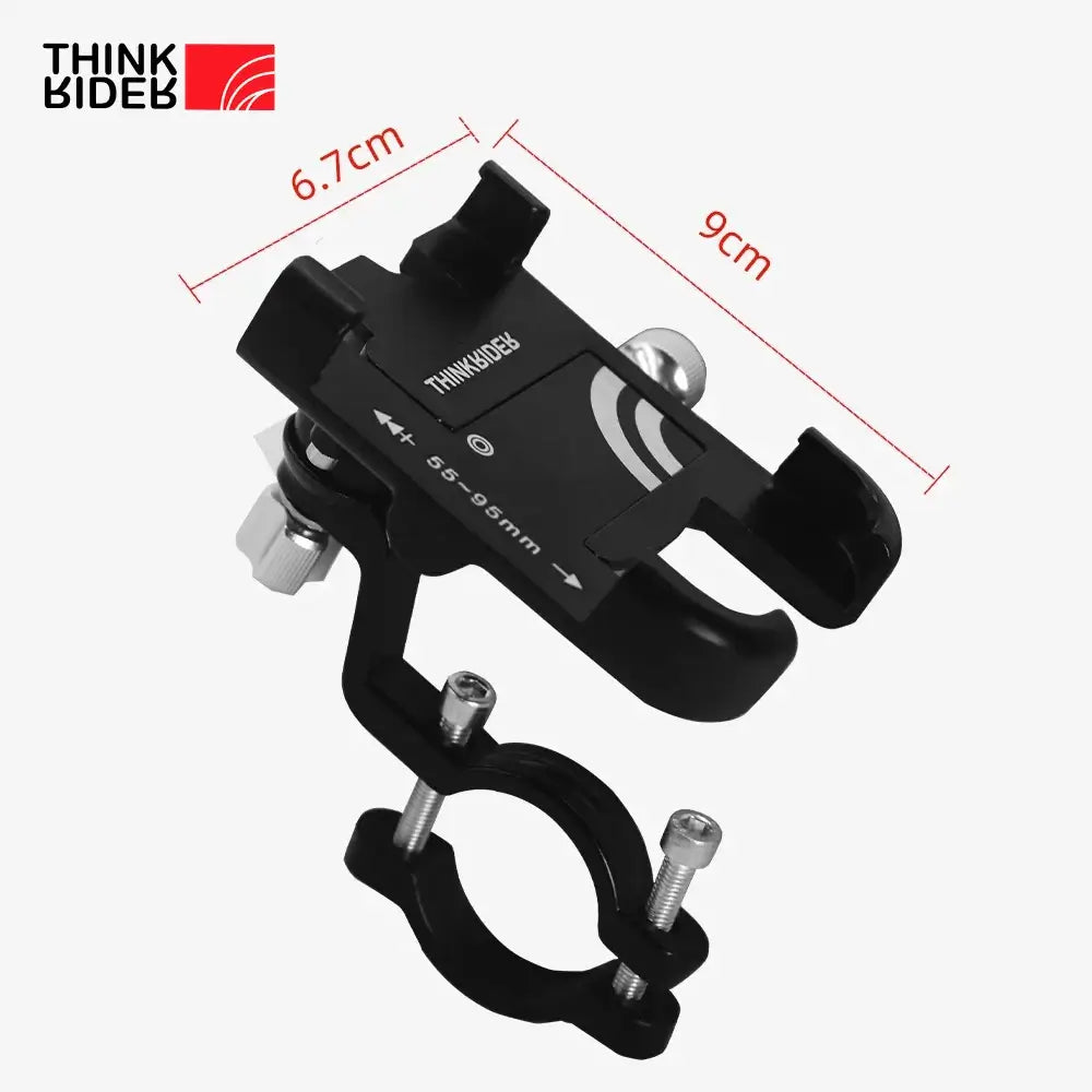 ThinkRider Anti-Vibration Bike Phone Stand dimensions showing secure attachment for mobile devices.